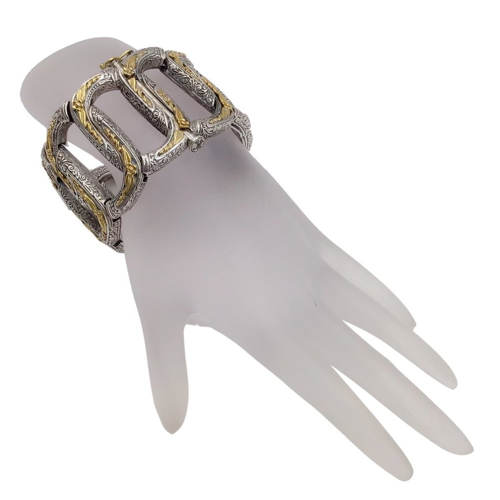 KONSTANTINO STERLING SILVER AND 18K GOLD WIDE HINGED BRACELET